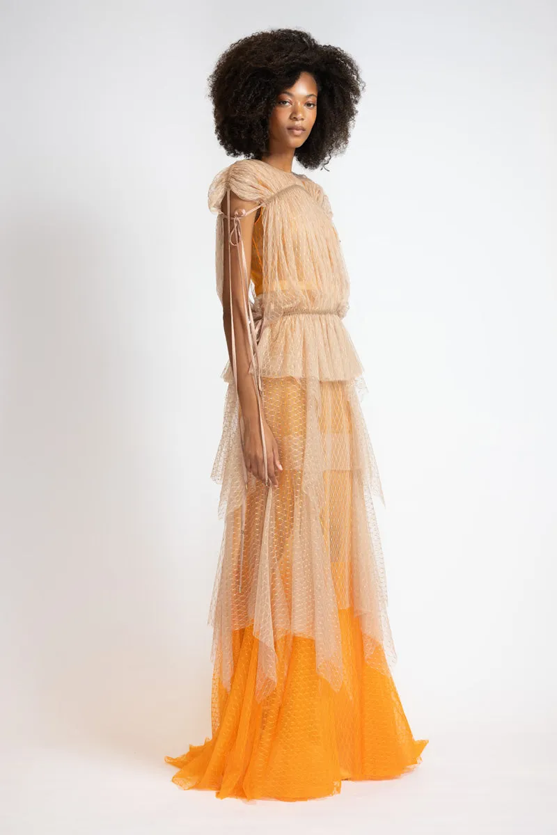 Tangerine And Almond Lattice Point D’Esprit Bohemian Gown
