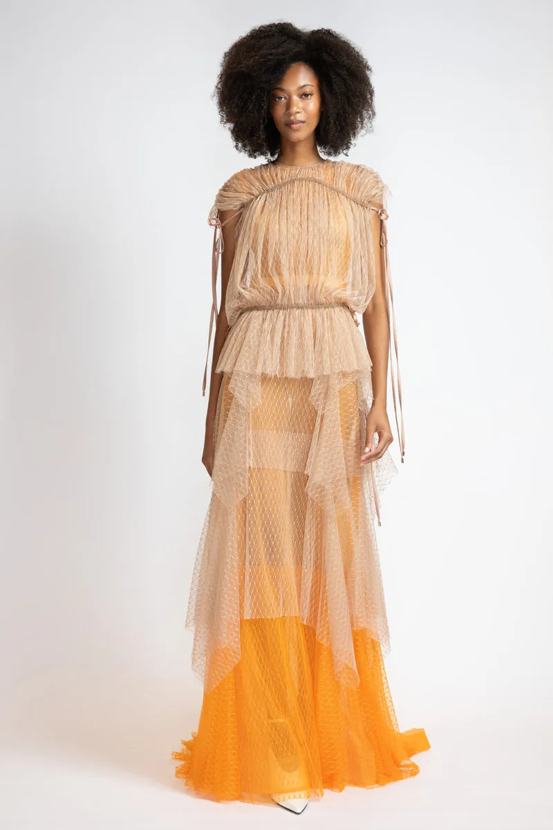 Tangerine And Almond Lattice Point D’Esprit Bohemian Gown
