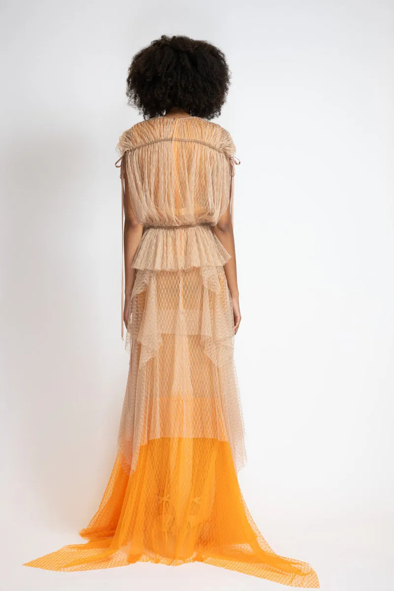 Tangerine And Almond Lattice Point D’Esprit Bohemian Gown