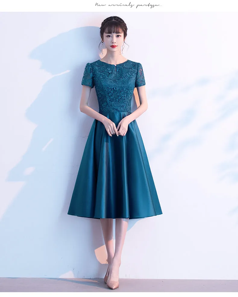 Teal Green Round Neckline Satin with Lace Wedding Party Dresses, Short Bridesmaid Dresses