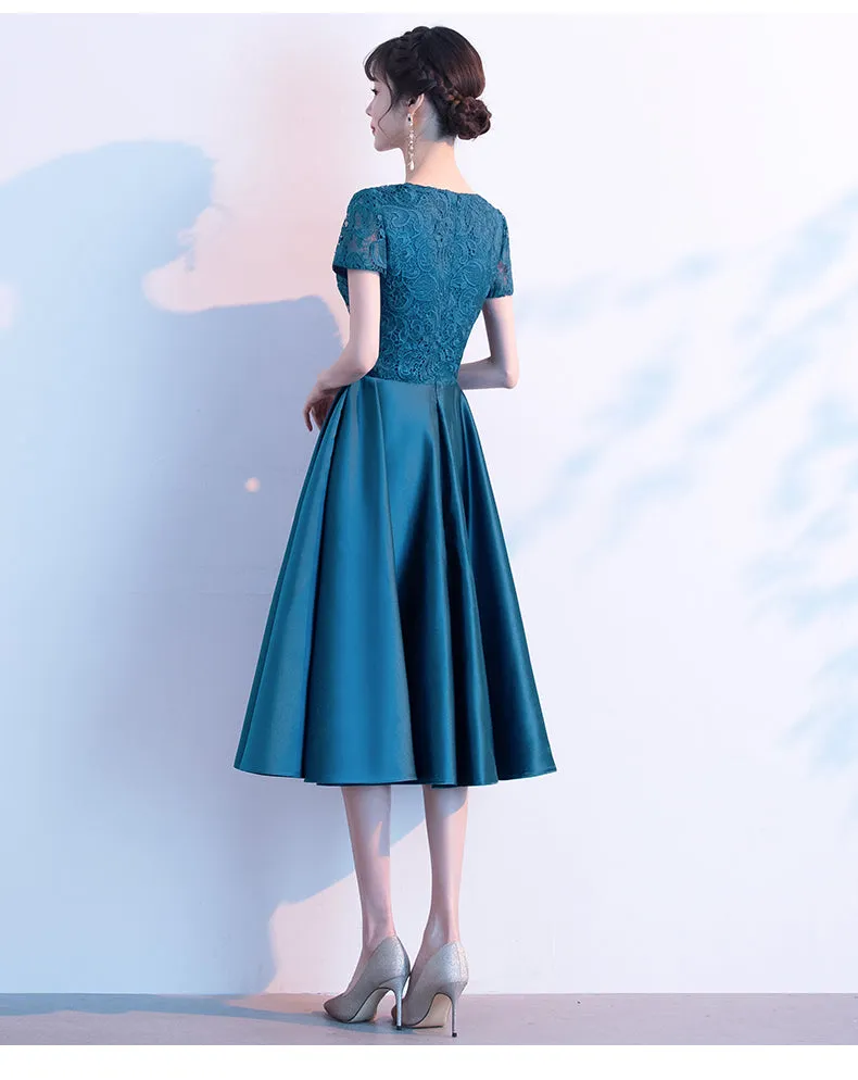 Teal Green Round Neckline Satin with Lace Wedding Party Dresses, Short Bridesmaid Dresses
