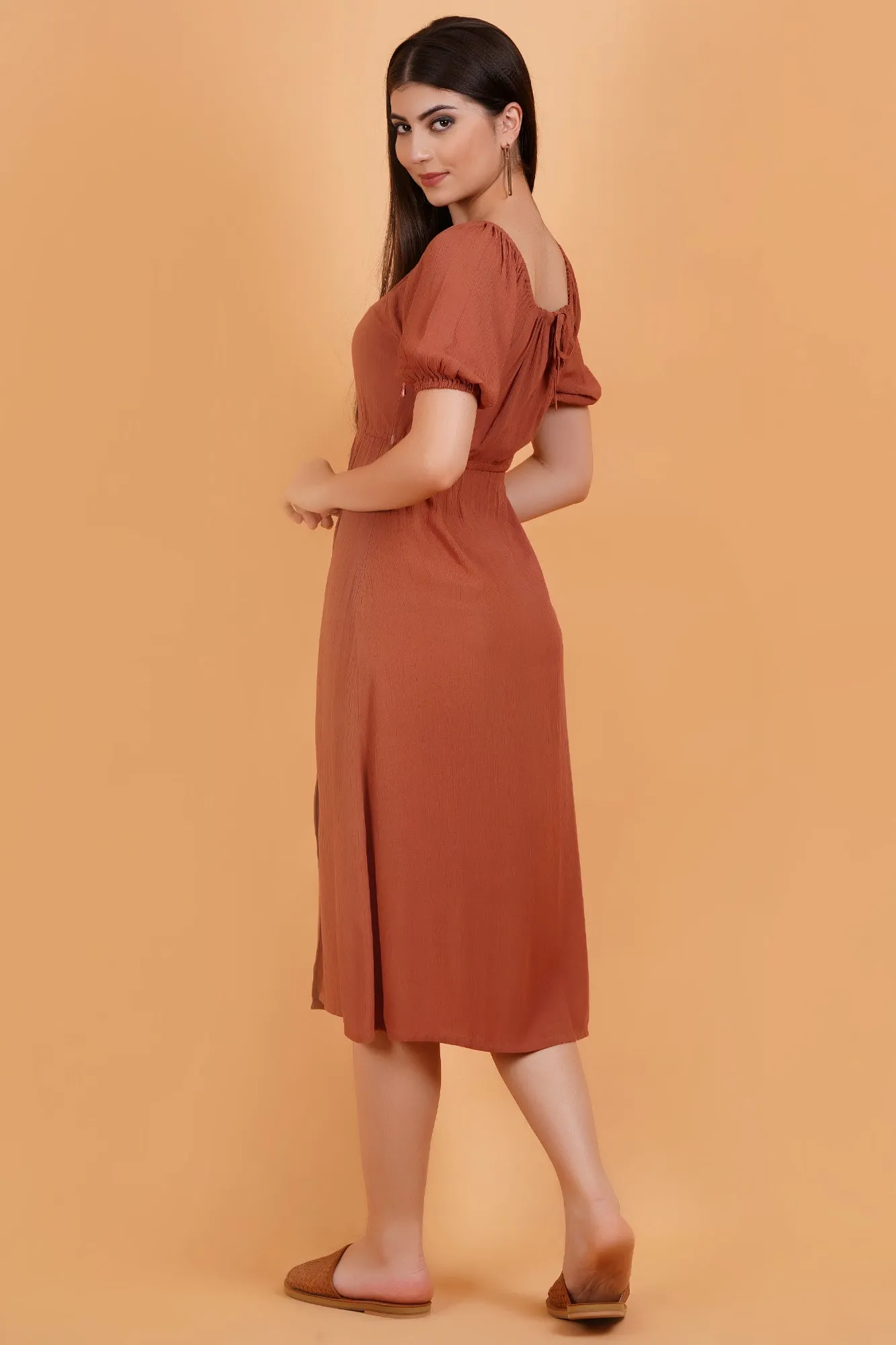 Terracotta Solid Crinkle Empire Midi Dress With Front Slit