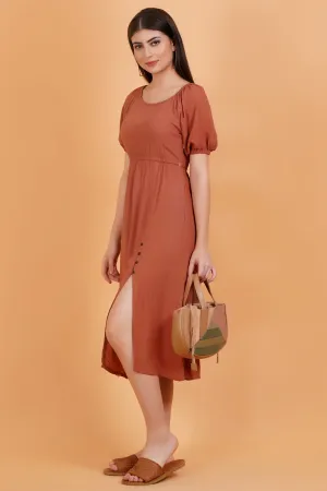 Terracotta Solid Crinkle Empire Midi Dress With Front Slit