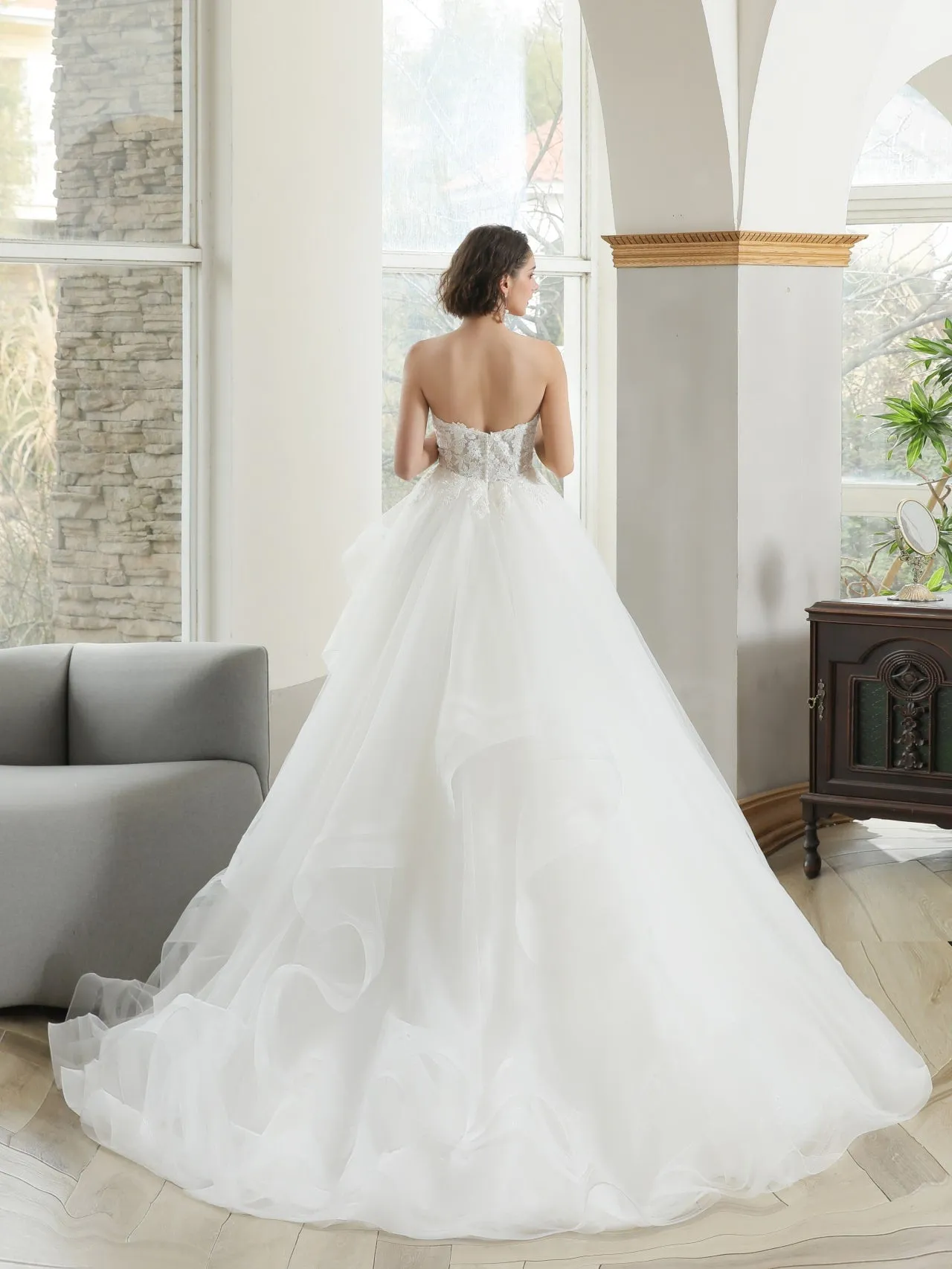 Tiered Organza Skirt Floral Lace Ball Gown Wedding Dress | Bridget