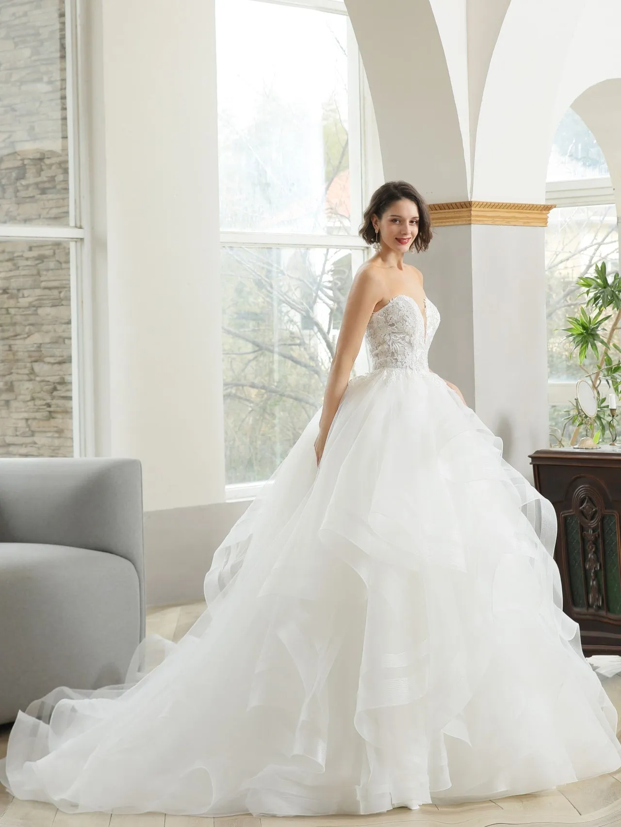 Tiered Organza Skirt Floral Lace Ball Gown Wedding Dress | Bridget