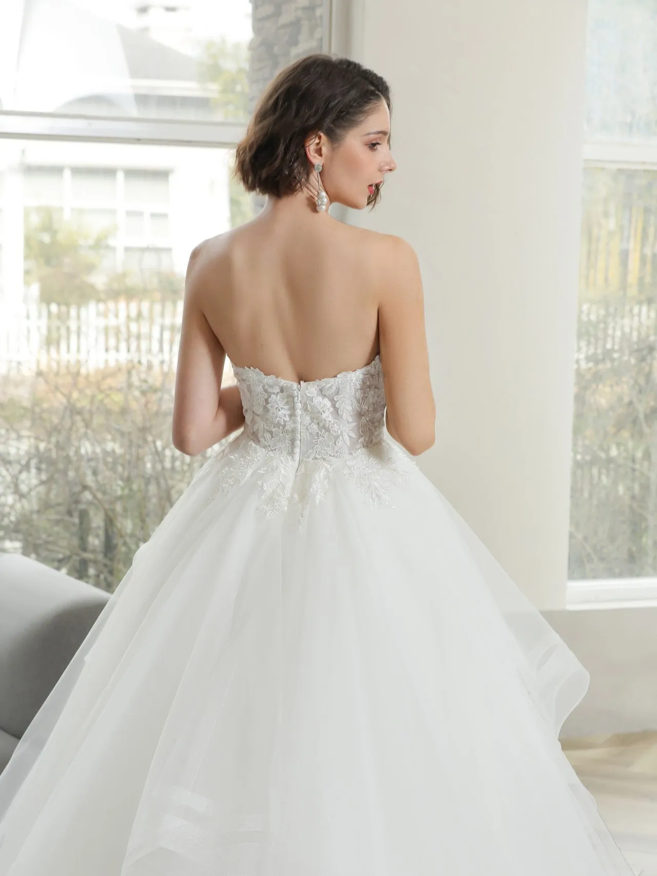 Tiered Organza Skirt Floral Lace Ball Gown Wedding Dress | Bridget