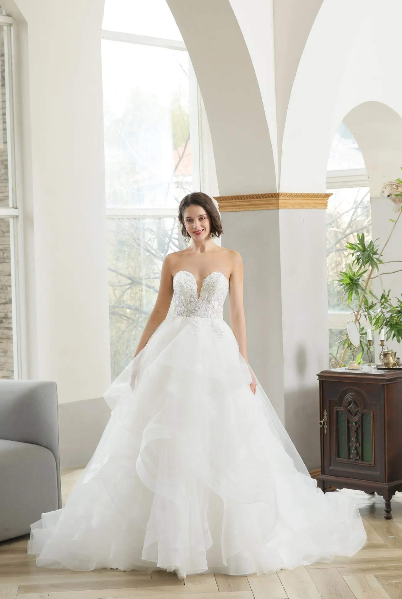 Tiered Organza Skirt Floral Lace Ball Gown Wedding Dress | Bridget