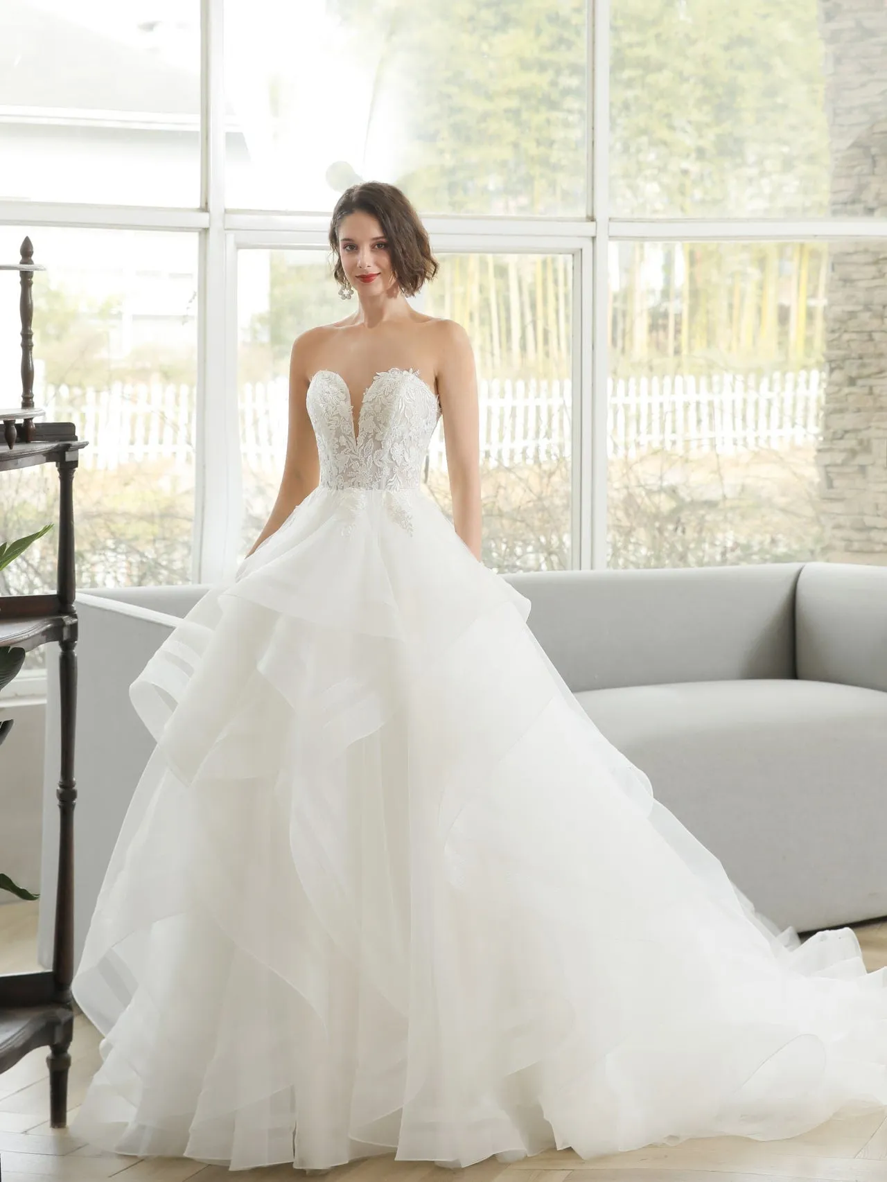 Tiered Organza Skirt Floral Lace Ball Gown Wedding Dress | Bridget