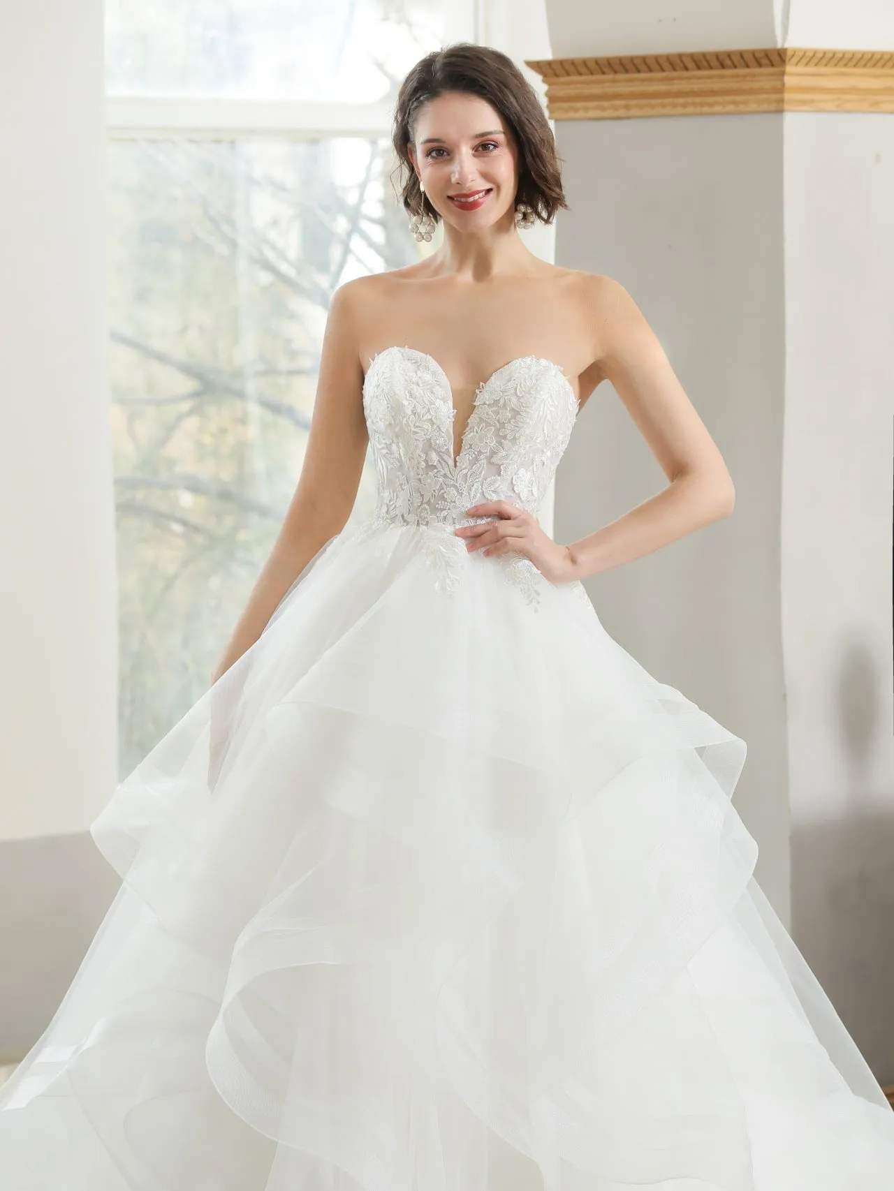 Tiered Organza Skirt Floral Lace Ball Gown Wedding Dress | Bridget