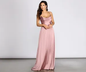 Tierra Cowl Neck Charming Satin A-Line Dress