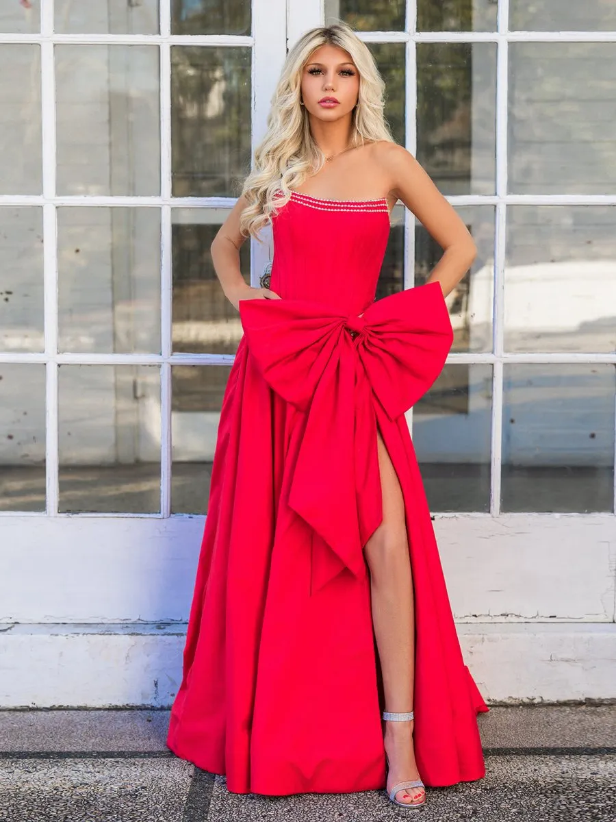 Trendy Strapless A-line Satin Long Corset Prom Dresses with Bow