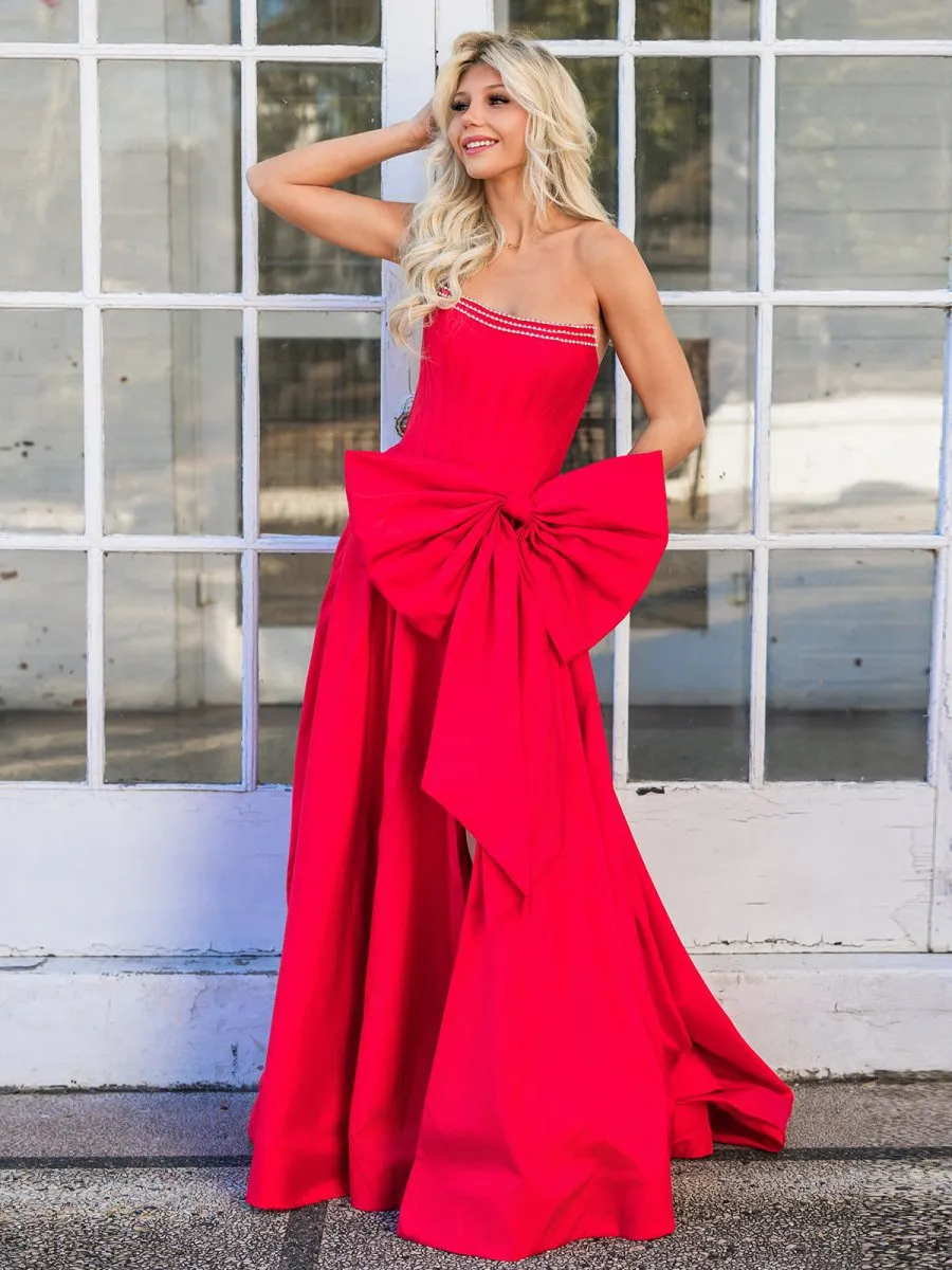 Trendy Strapless A-line Satin Long Corset Prom Dresses with Bow