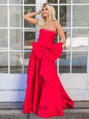 Trendy Strapless A-line Satin Long Corset Prom Dresses with Bow