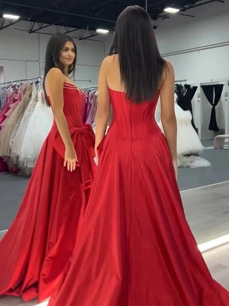 Trendy Strapless A-line Satin Long Corset Prom Dresses with Bow