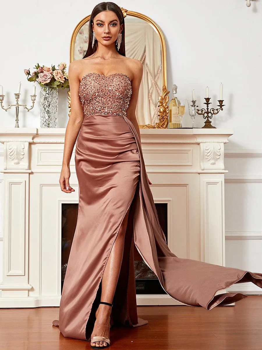 Tube Top High Split Satin Prom Dress XH1964