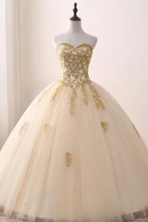 Tulle Ball Gown Prom Dresses With Gold Appliques, Quinceanera Dresses, MP759