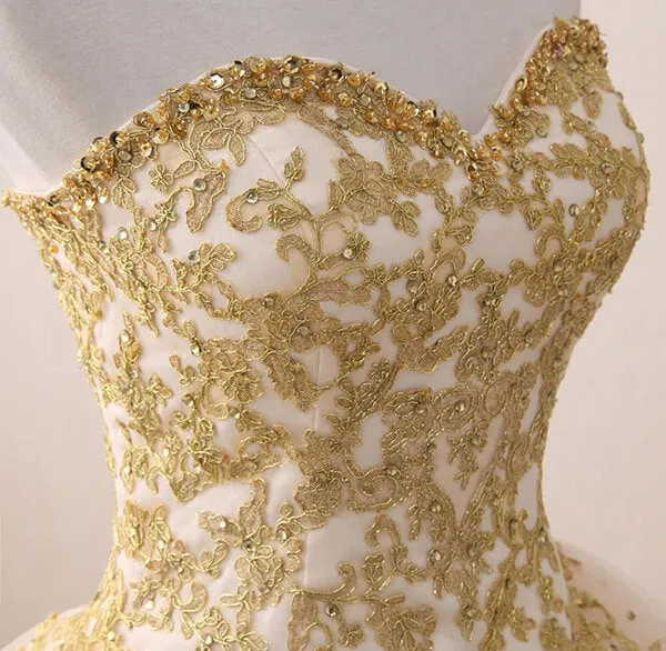Tulle Ball Gown Prom Dresses With Gold Appliques, Quinceanera Dresses, MP759