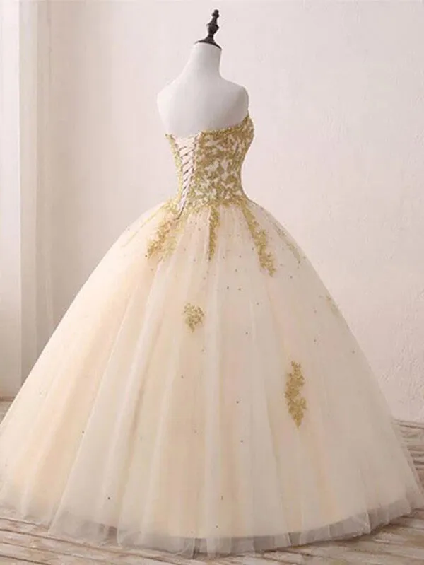 Tulle Ball Gown Prom Dresses With Gold Appliques, Quinceanera Dresses, MP759