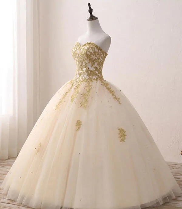 Tulle Ball Gown Prom Dresses With Gold Appliques, Quinceanera Dresses, MP759