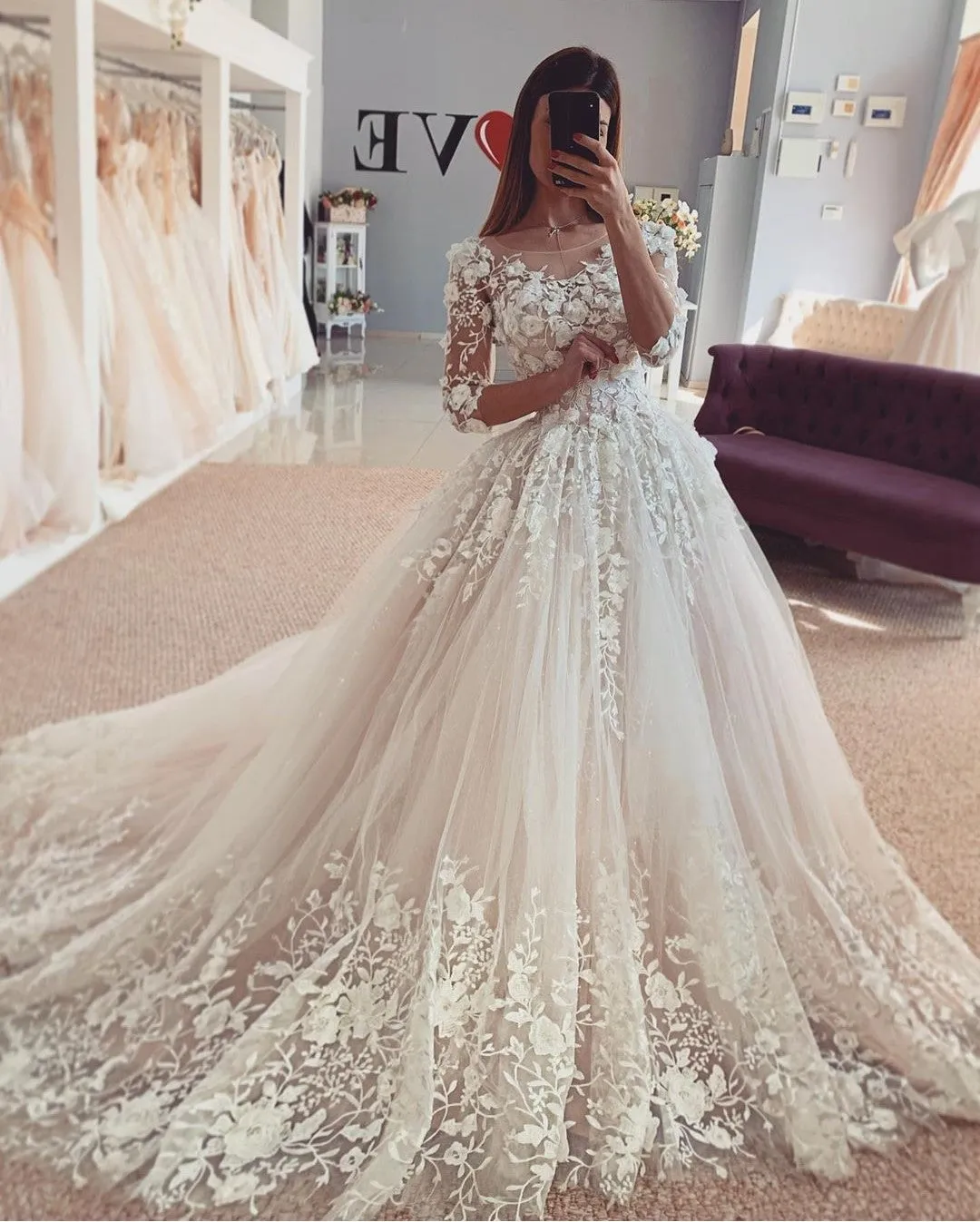 Tulle Floral Lace Bride Dresses with Elbow Sleeves