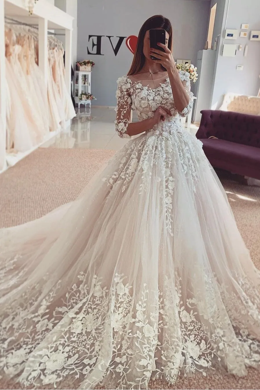 Tulle Floral Lace Bride Dresses with Elbow Sleeves