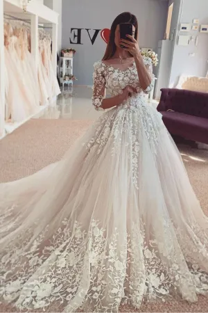 Tulle Floral Lace Bride Dresses with Elbow Sleeves