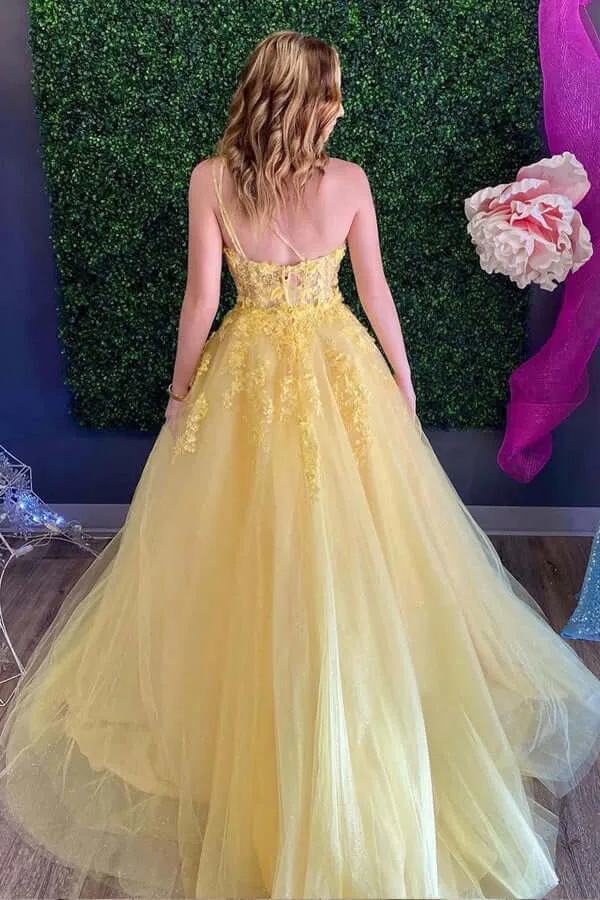 Tulle Lace A-line One Shoulder Spaghetti Straps Prom Dress, Evening Gown, MP656