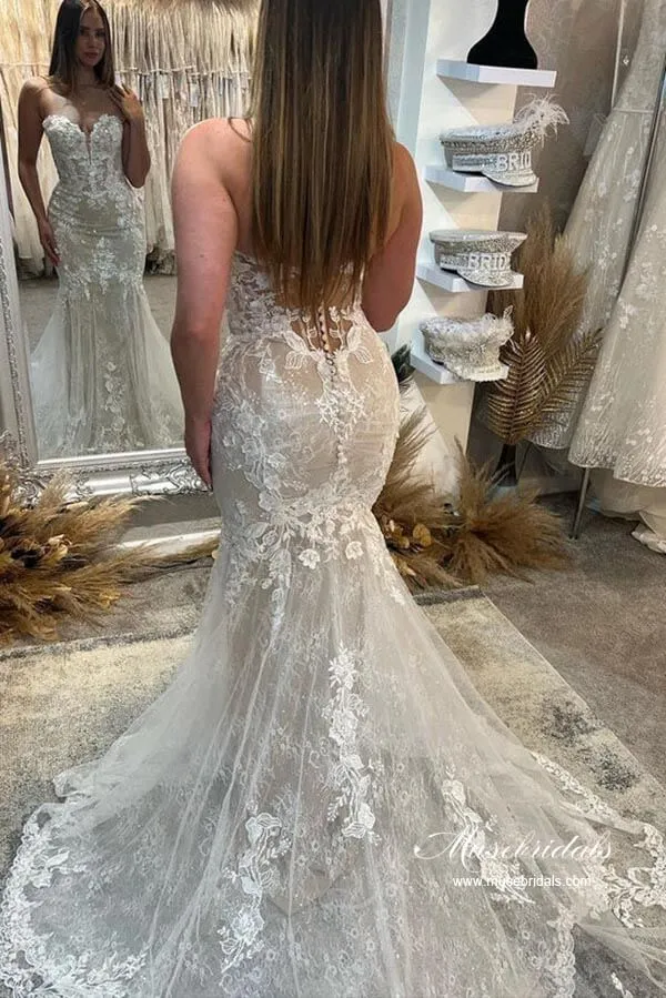 Tulle Mermaid Sweetheart Lace Appliques Wedding Dresses With Train, MW922