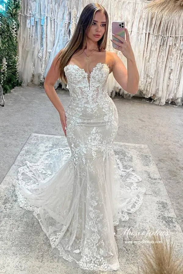 Tulle Mermaid Sweetheart Lace Appliques Wedding Dresses With Train, MW922
