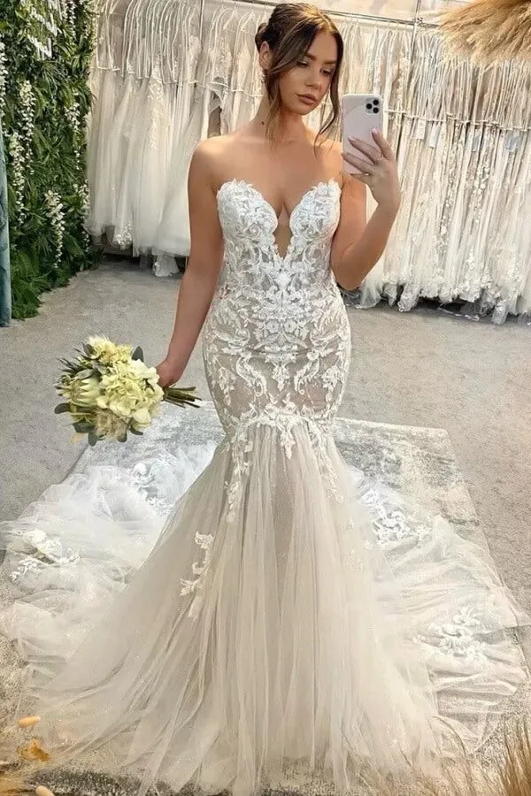 Tulle Mermaid Sweetheart Strapless Wedding Dresses With Appliques, MW1086