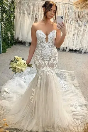 Tulle Mermaid Sweetheart Strapless Wedding Dresses With Appliques, MW1086