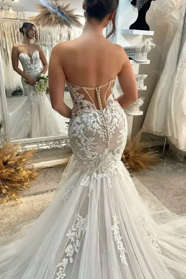 Tulle Mermaid Sweetheart Strapless Wedding Dresses With Appliques, MW1086
