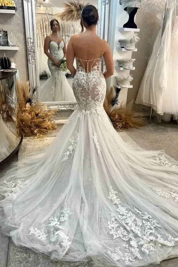 Tulle Mermaid Sweetheart Strapless Wedding Dresses With Appliques, MW1086