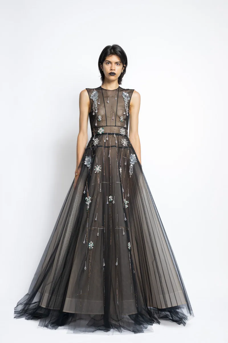 Tulle Morning Glory Lattice Crystal Embroidery Gown With Pleated Ball Skirt