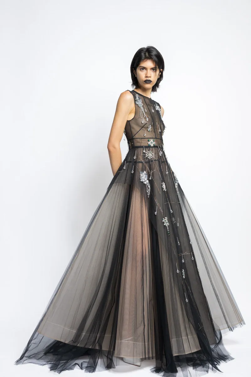 Tulle Morning Glory Lattice Crystal Embroidery Gown With Pleated Ball Skirt