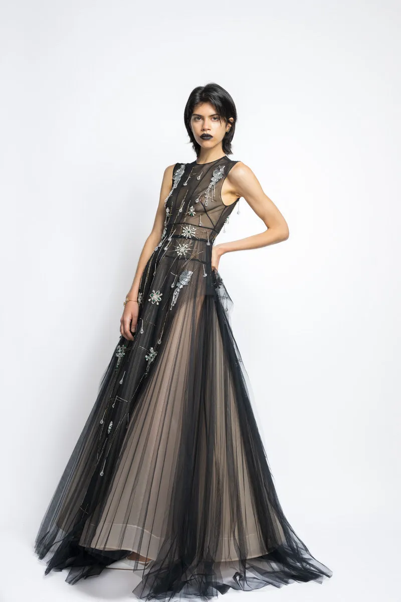 Tulle Morning Glory Lattice Crystal Embroidery Gown With Pleated Ball Skirt