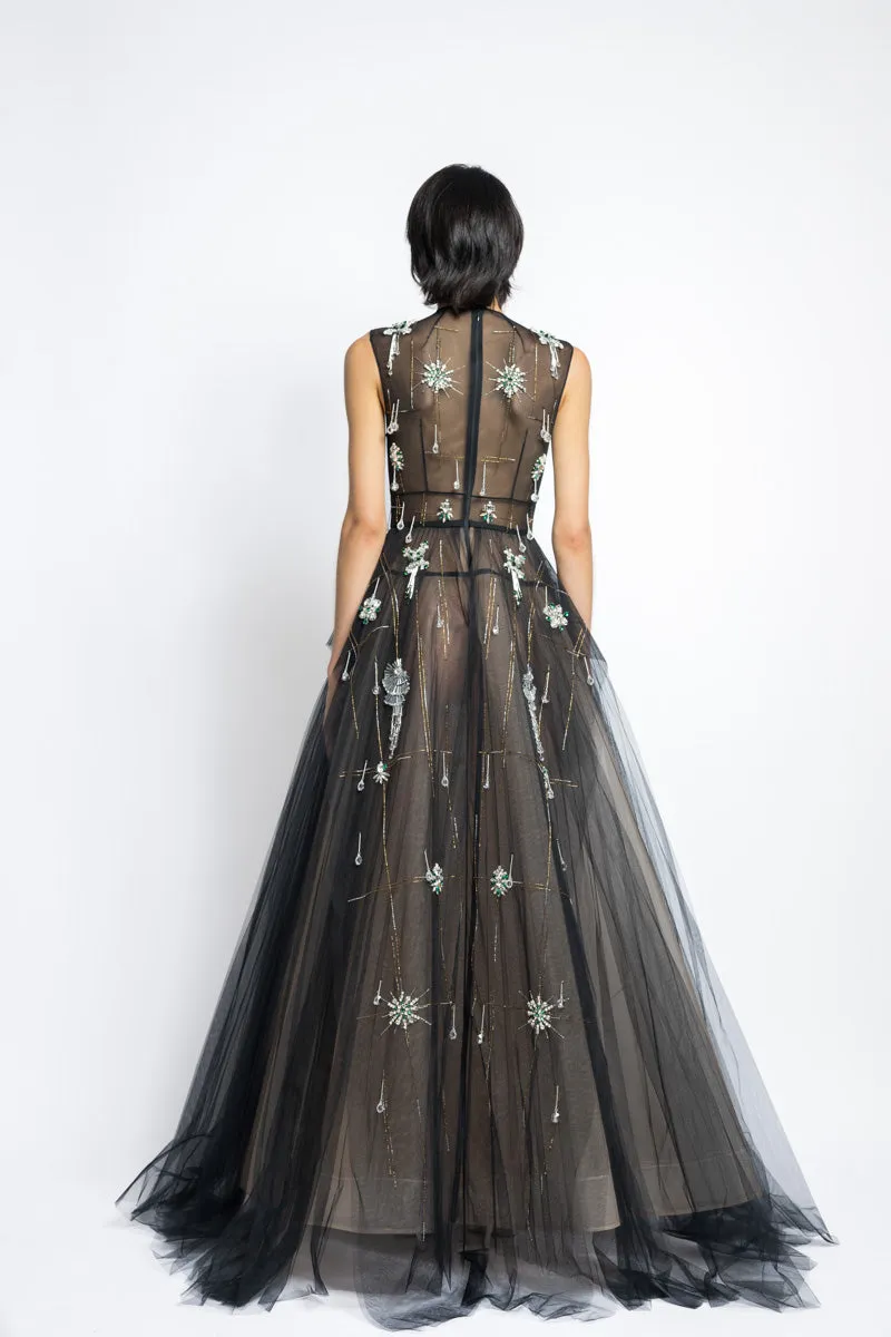 Tulle Morning Glory Lattice Crystal Embroidery Gown With Pleated Ball Skirt