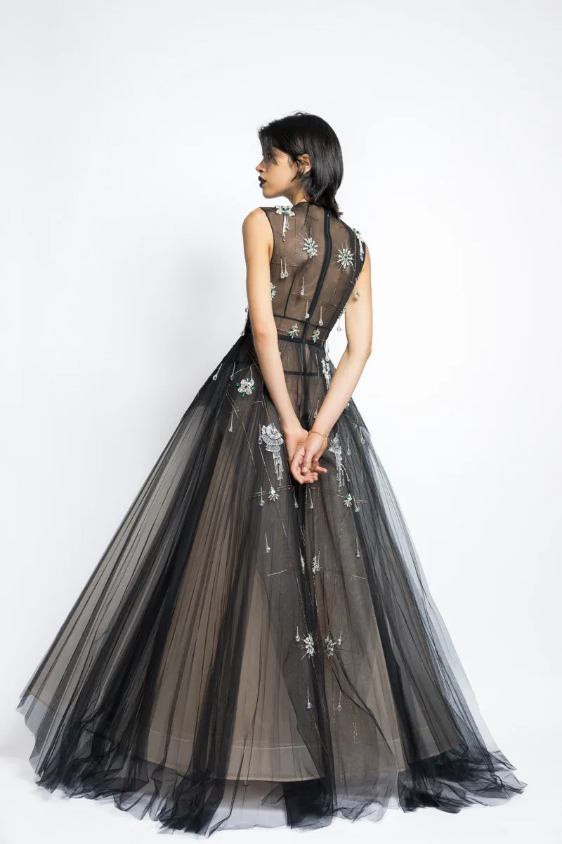 Tulle Morning Glory Lattice Crystal Embroidery Gown With Pleated Ball Skirt