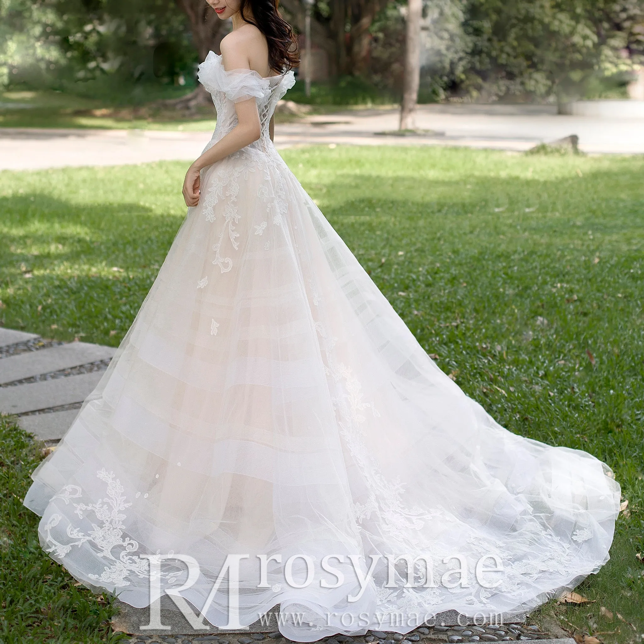 Tulle Off the Shoulder A Line Wedding Dress with Lace Applique