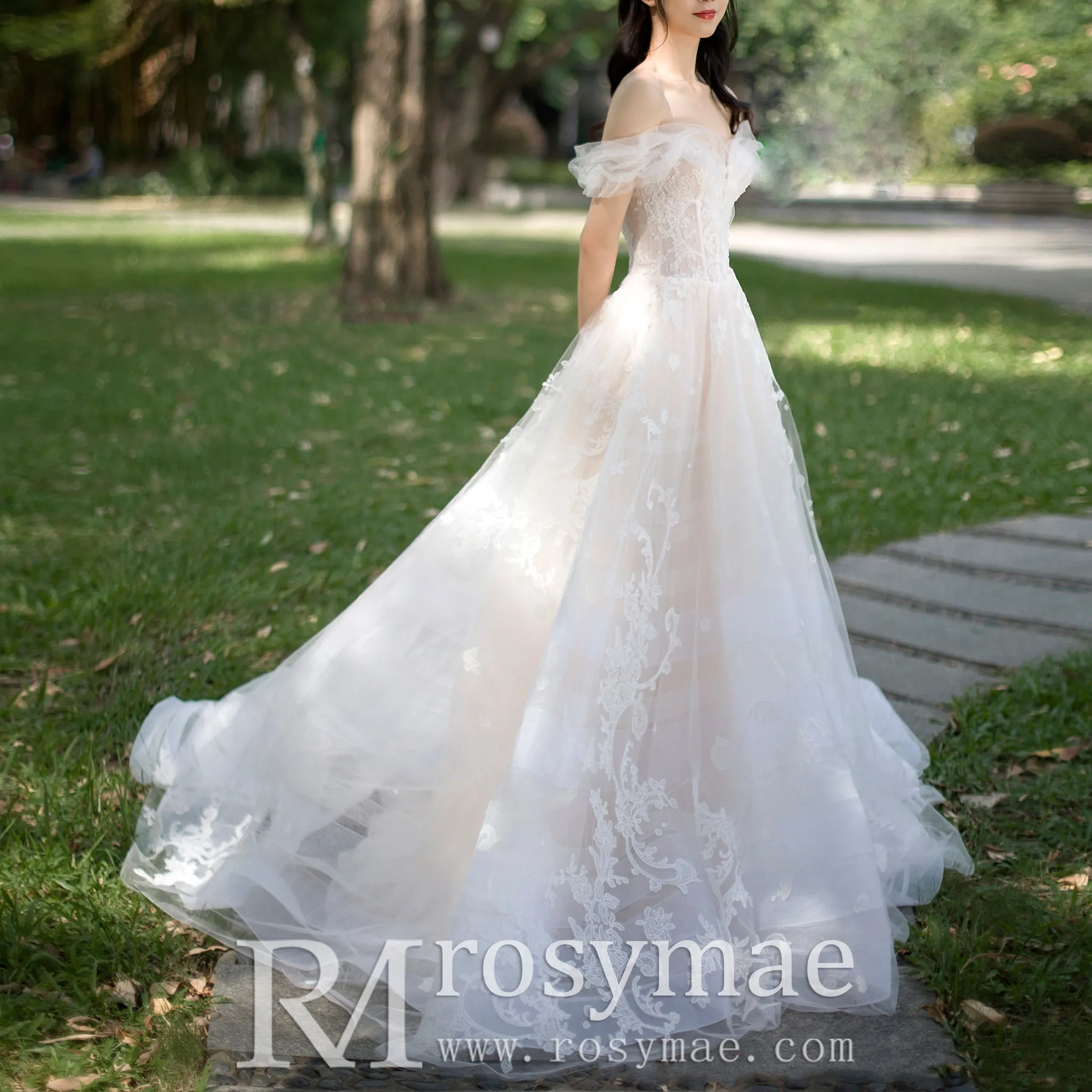 Tulle Off the Shoulder A Line Wedding Dress with Lace Applique