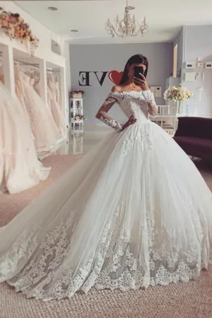 Tulle Off-the-shoulder Full Sleeves Wedding Gown Lace