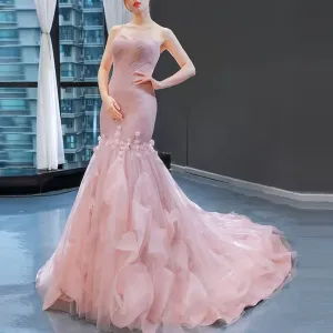 Tulle Prom Dress Sweetheart Mermaid Long Formal Dress with Ruffle