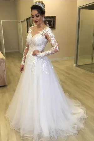 Tulle Skirt Floral Lace Bridal Dresses with Long Sleeves