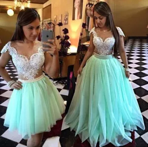 turquoise blue prom dresses cap sleeve detachable skirt elegant beaded lace applique prom gowns