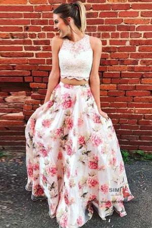 Two Piece Lace Round Neck Floral Print A-line Long Prom Dresses, SP649