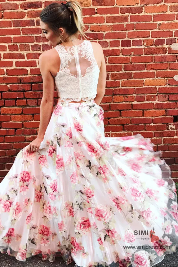 Two Piece Lace Round Neck Floral Print A-line Long Prom Dresses, SP649