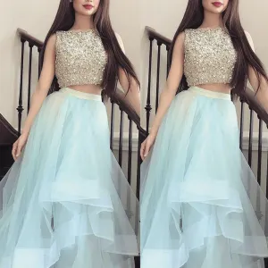 two piece prom dresses 2020 o neck beaded blue tiered tulle prom gown vestido de graduacion