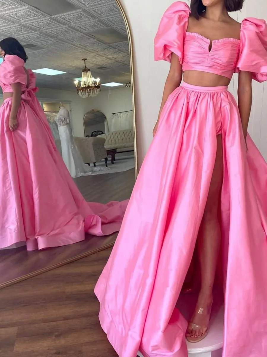 Two-Piece Puff Sleeves Satin Long Prom Dresses with Split