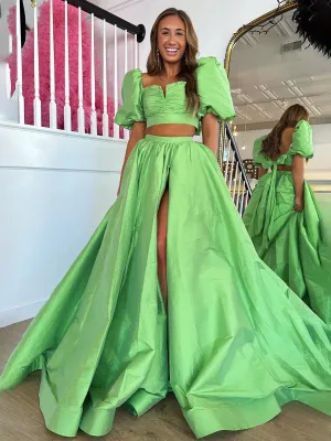 Two-Piece Puff Sleeves Satin Long Prom Dresses with Split