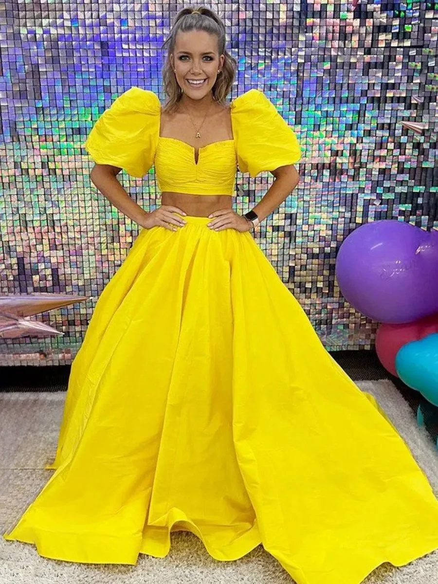 Two-Piece Puff Sleeves Satin Long Prom Dresses with Split